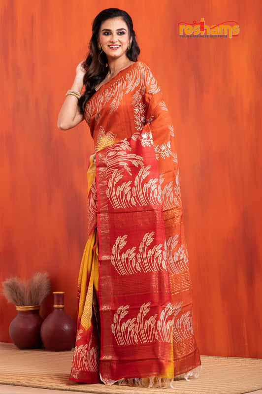 PURE PRINTED TUSSAR SILK YELLOW RED