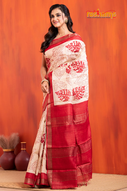 PURE PRINTED TUSSAR SILK WHITE RED