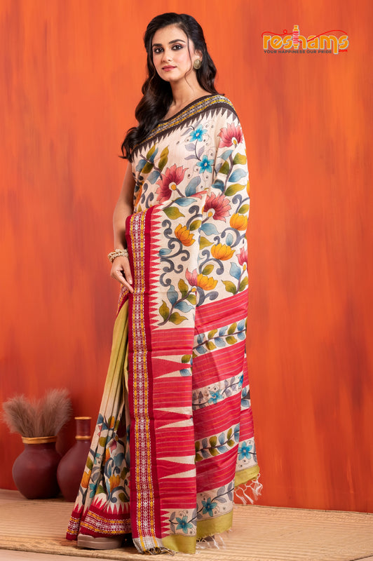 Vidarbha Pure Tussar White Red Kalamkari