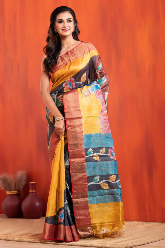 Tussar Kantha Stitch with golden dark brown hand paint deer motif