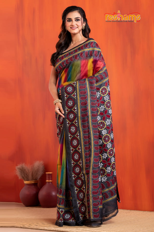 Tussar Kantha Stitch with red black hand paint kalka motif