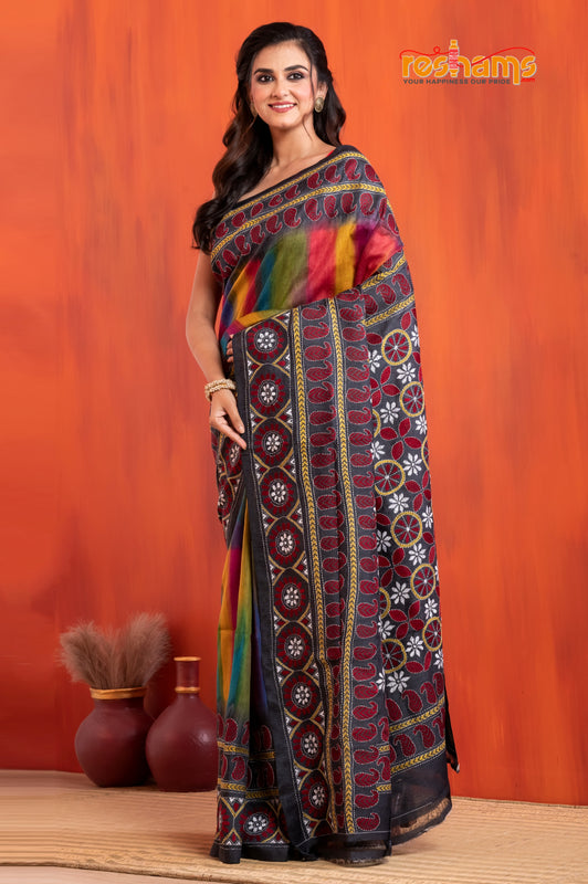 Tussar Kantha Stitch with red black hand paint kalka motif