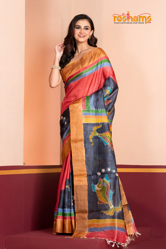 Tussar Kantha Stitch with red black hand paint fish motif
