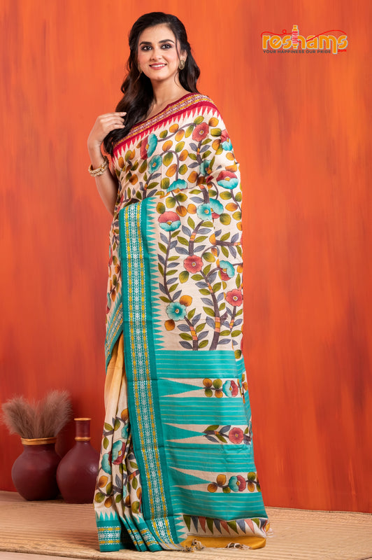 Vidarbha Pure Tussar White Sea Green Kalamkari