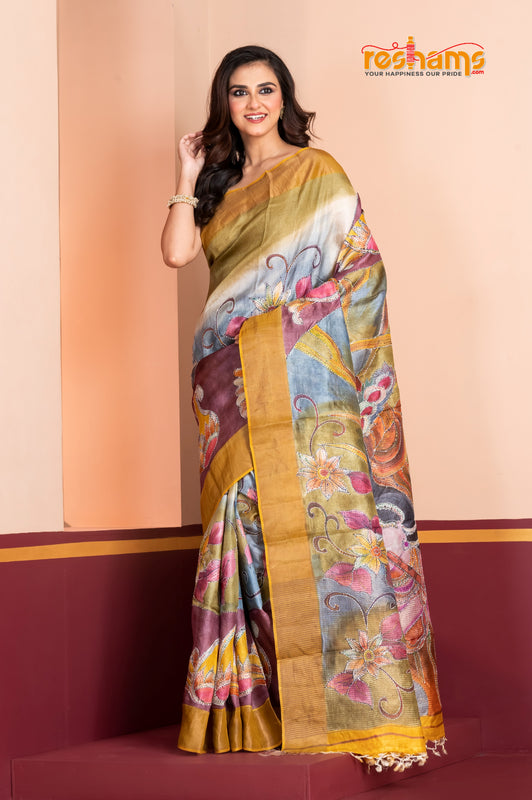 Tussar Kantha Stitch with golden purple hand paint radha krishna motif