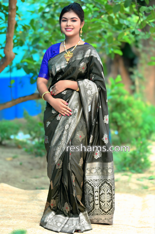Dark Green Silk Saree in Flower Print  – with Silver Zari Border