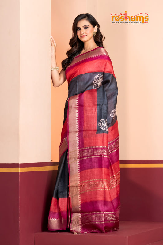 PURE PRINTED TUSSAR SILK BLACK