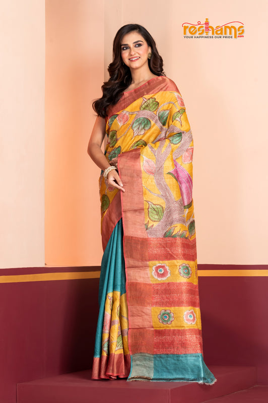 Tussar Kantha Stitch with yellow sky hand paint gopala motif