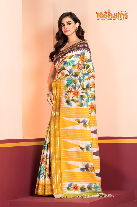 Vidarbha Pure Tussar White Yellow Kalamkari