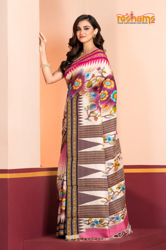 Vidarbha Pure Tussar White Purple Kalamkari