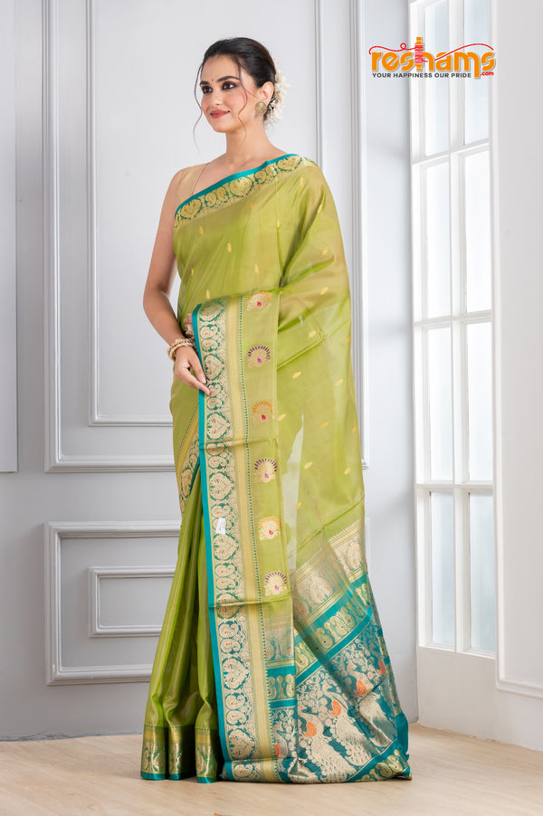 Pure Silk Paithani with green body with sea green Pallu