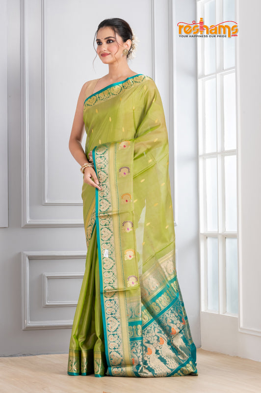 Pure Silk Paithani with green body with sea green Pallu