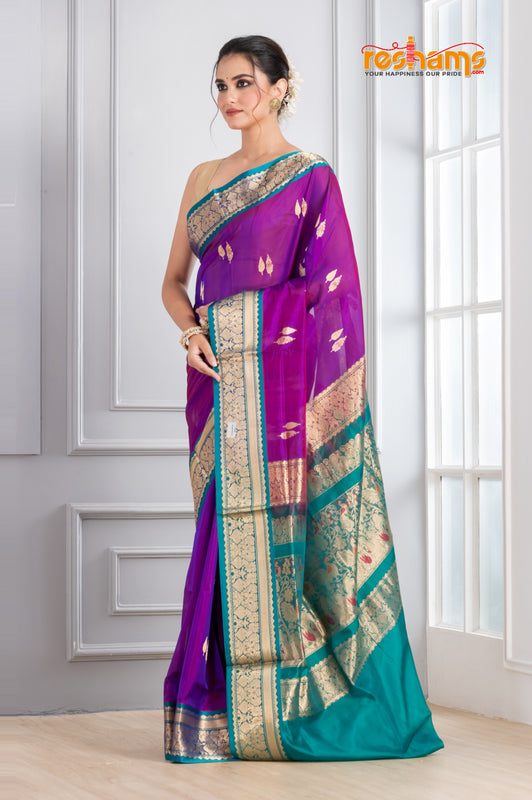 Pure Silk Paithani with Off purple body with green Pallu