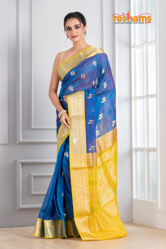 Pure Silk Paithani with Off blue body with yellow Pallu