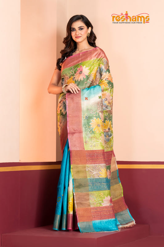 Tussar Kantha Stitch with yellow sky hand paint big flower motif