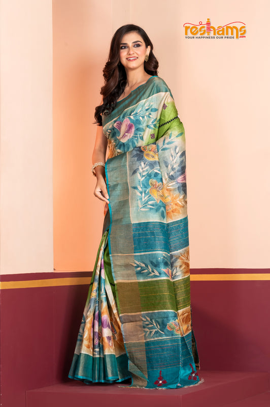 Tussar Kantha Stitch With Blue Sky Hand Paint Big Flower Motif