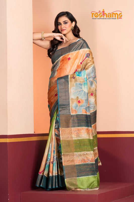 Tussar Kantha Stitch With Orange Green Hand Paint Big Flower Motif