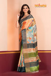 Tussar Kantha Stitch With Orange Green Hand Paint Big Flower Motif