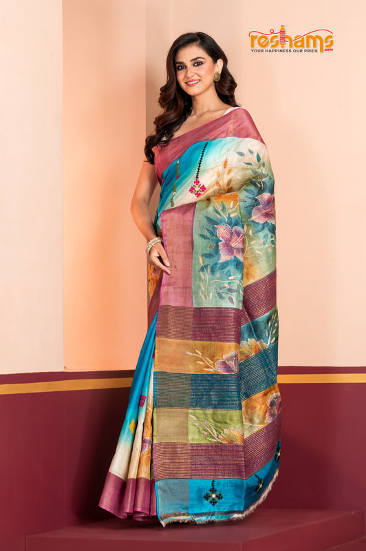 Tussar Kantha Stitch With Sky Pink Hand Paint Big Flower Motif