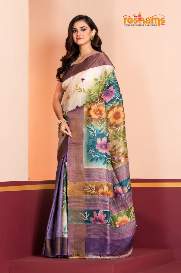 Tussar Kantha Stitch With White Purple Hand Paint Big Flower Motif