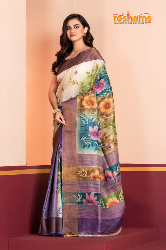 Tussar Kantha Stitch With White Purple Hand Paint Big Flower Motif