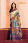 Tussar Kantha Stitch With White Purple Hand Paint Big Flower Motif