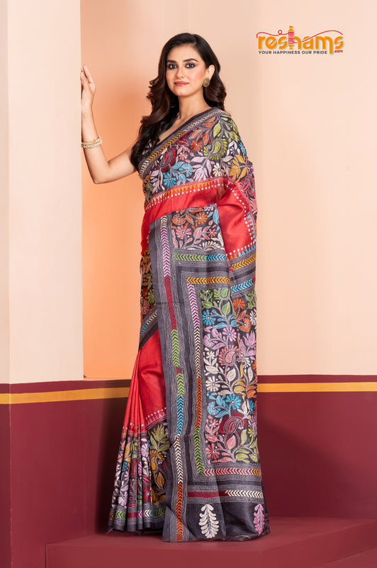 Tussar Kantha Stitch With Red Black Hand Paint Big Flower Motif