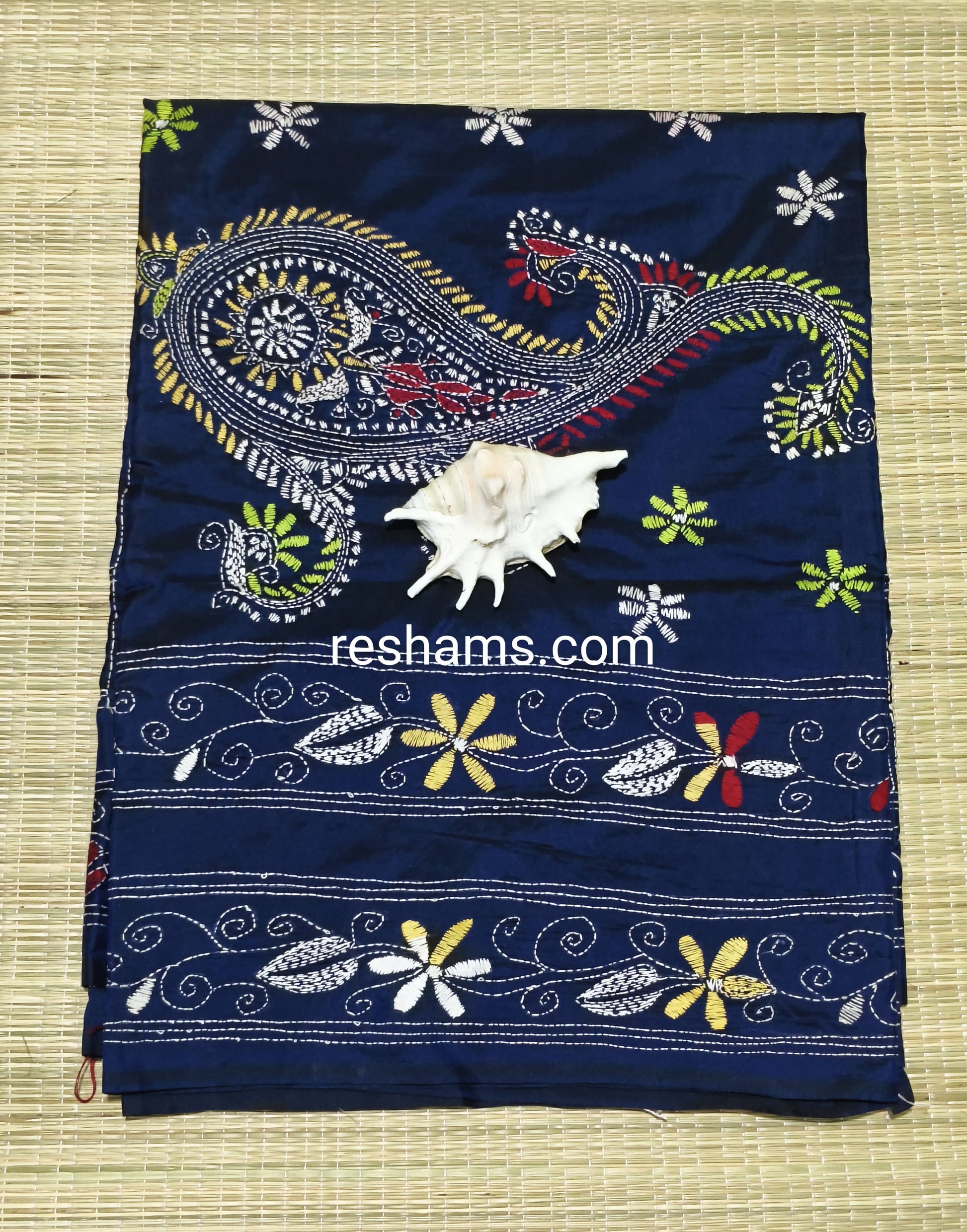 Hand Embroidered Kantha Stitch Blue Saree – Woven in Bangalore Silk