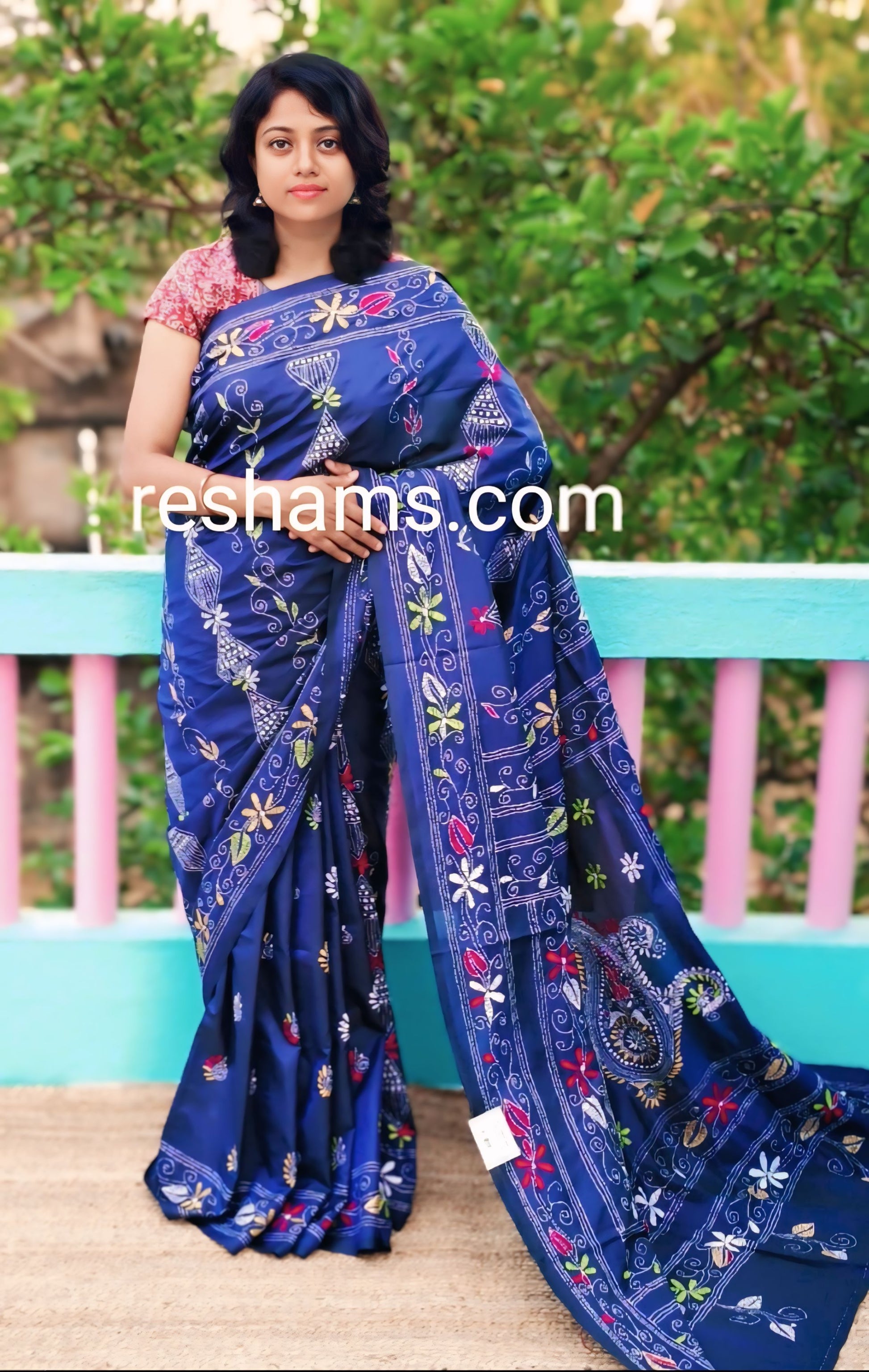 Hand Embroidered Kantha Stitch Blue Saree – Woven in Bangalore Silk