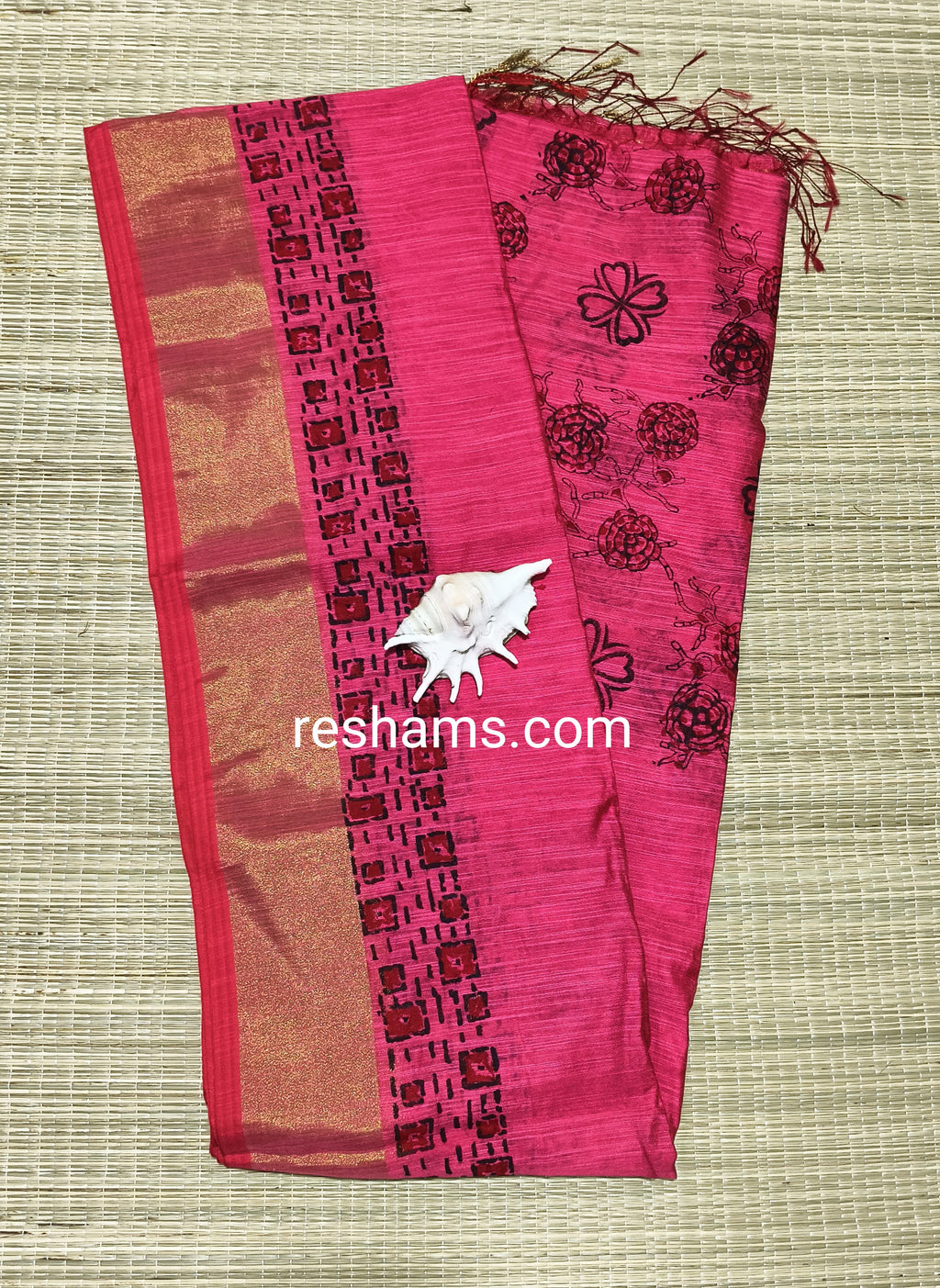 Linen Cotton Hand Paint Saree – Pinkish Red Body with Golden Zari Border