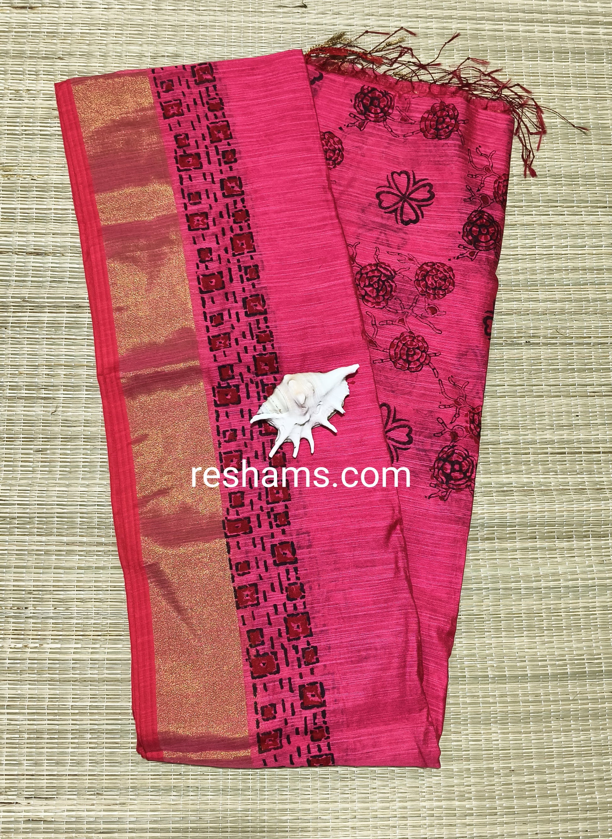 Linen Cotton Hand Paint Saree – Pinkish Red Body with Golden Zari Border