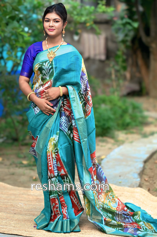 Chanderi Silk-Cotton Saree in Hand Batik Print  – Green with Zari Border