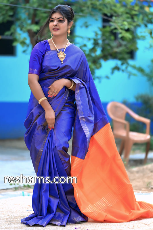 Bishnupuri Katan Silk Saree in Dark Blue - Mangalgiri Pattern Handwoven