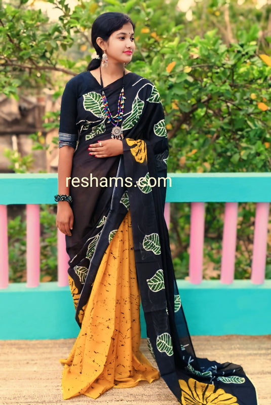 Mul Cotton Digital Print Saree – Black Yellow