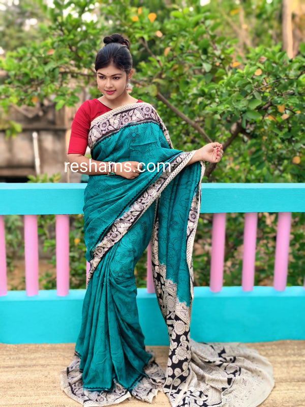 Chanderi Silk-Cotton Saree in Kalamkari Prints  – Blue