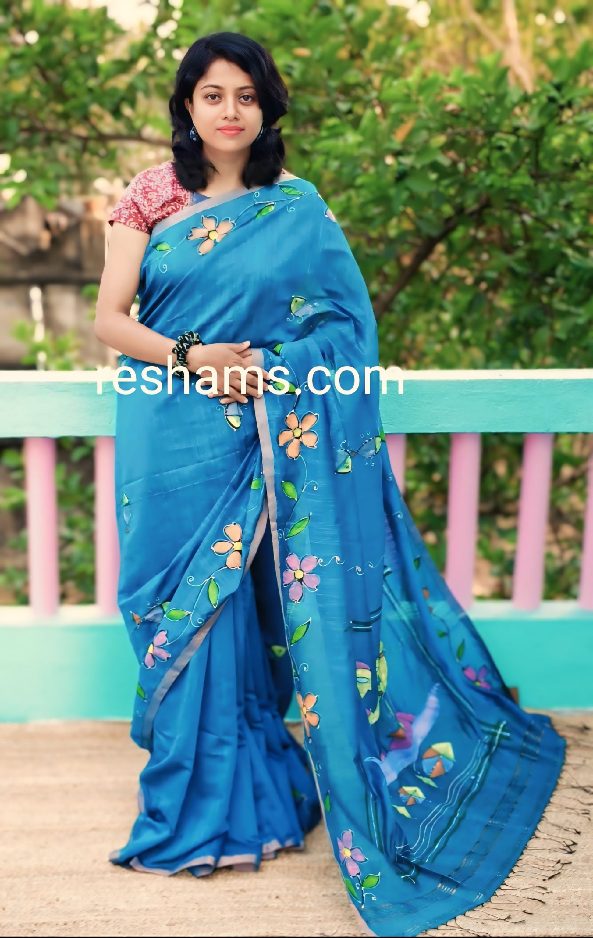 Linen Cotton Hand Paint Saree – Sky Blue Body with Tribal Hand painting and Golden Zari Border