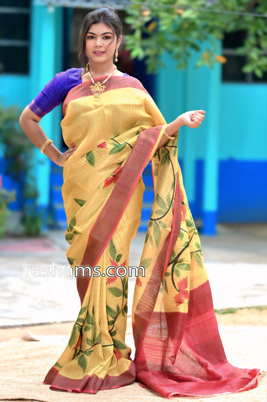 Tussar Checks Hand Painted Silk Saree in Yellow Colour - Handwoven
