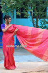 Bishnupuri Katan Silk Saree in Pink Red - Mangalgiri Pattern Handwoven