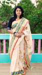 Linen Cotton Saree – Off White Body with Floral Print & Golden Zari Woven Border