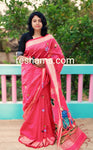 Linen Cotton Hand Paint Saree – Red Body with Tribal Paining and Golden Zari Border
