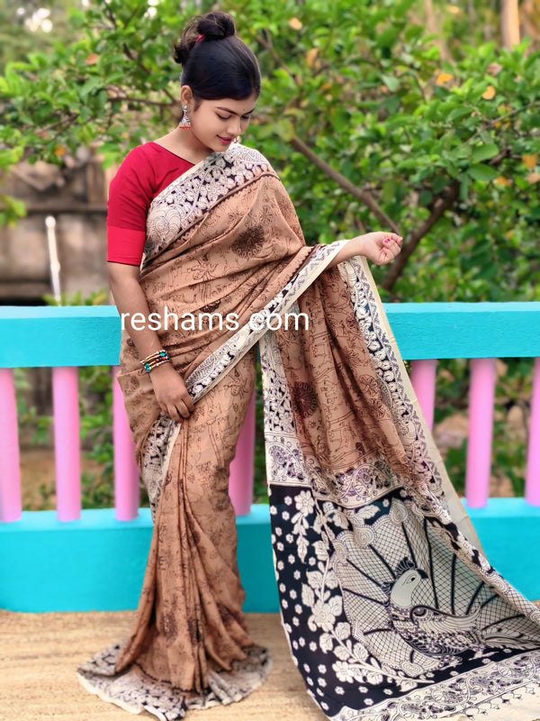 Chanderi Silk-Cotton Saree in Kalamkari Prints  – Light Brown