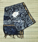 Liva Batik Print Linen Saree – Black Body with Golden Zari Border