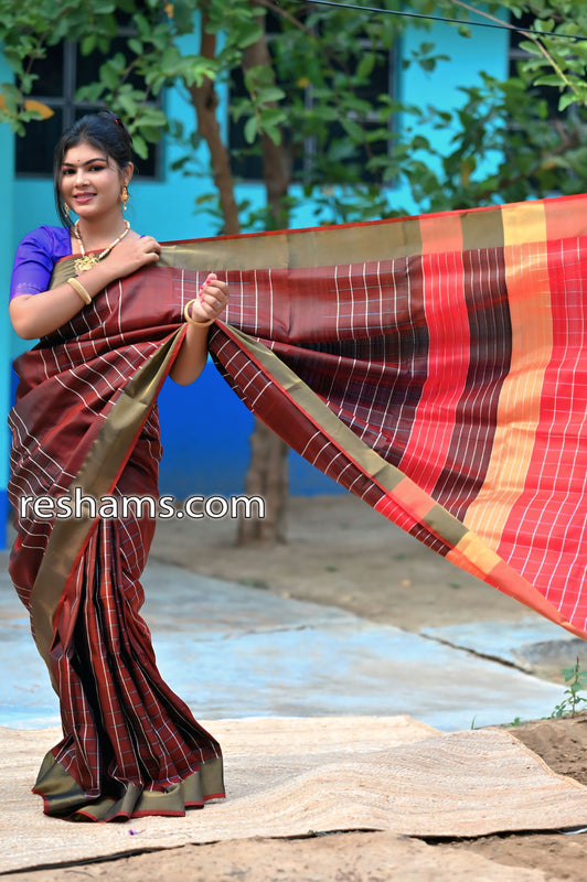 Bishnupuri Checks Katan Silk Saree in Dark Chocolate Colour - Handwoven