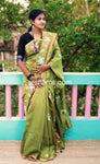 Linen Cotton Hand Paint Saree – Greenish Body with Golden Zari Border