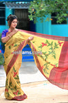 Tussar Checks Hand Painted Silk Saree in Yellow Colour - Handwoven