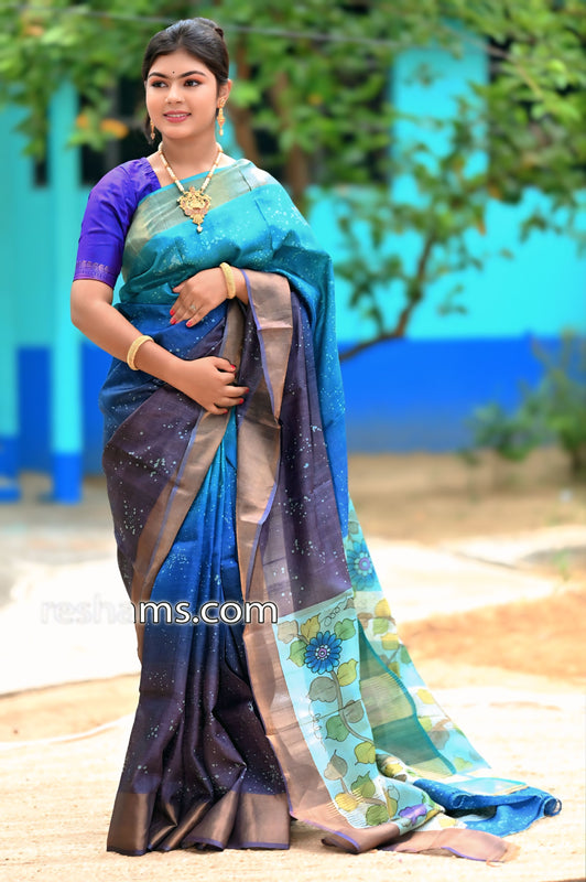 Tussar Shibori Kalamkari Silk Saree in  Purple Blue Colour - Handwoven