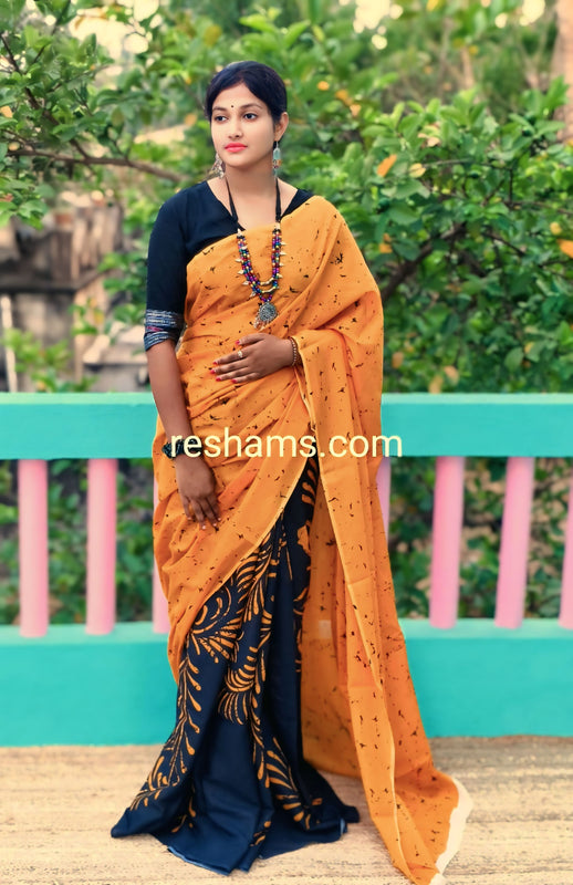 Mul Cotton Digital Print Saree – Black with Yellow
