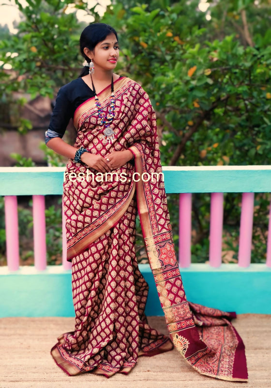 Maheshwari Zari Cotton Saree - Brown