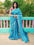 Linen Cotton Hand Paint Saree – Blue Body with Golden Zari Border