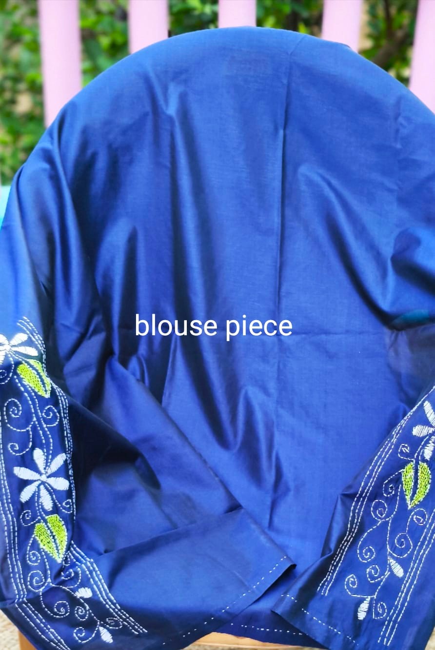 Hand Embroidered Kantha Stitch Blue Saree – Woven in Bangalore Silk